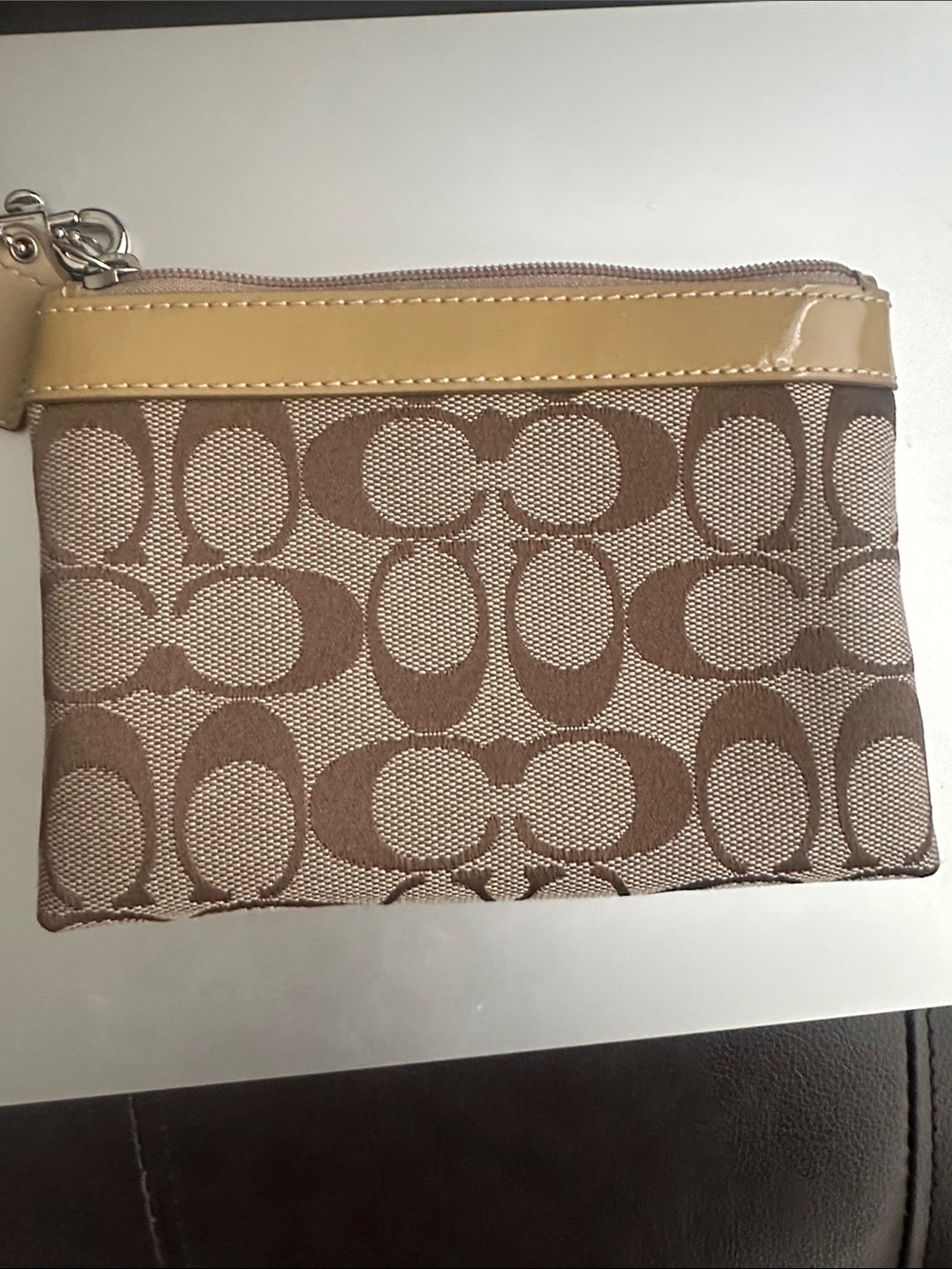 Coach Signature Canvas Wristlet with Tan Patent Leather Trim - Picture 9 of 10